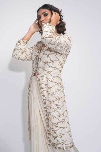 Buy_Shruti S_Off White Silk, Crepe V-neck Pathani Embroidered Jacket And Skirt Set 