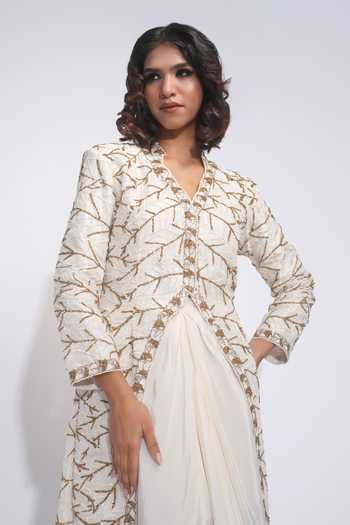 Shop_Shruti S_Off White Silk, Crepe V-neck Pathani Embroidered Jacket And Skirt Set 
