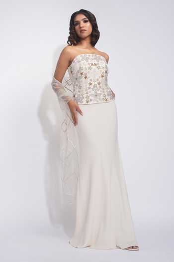 Buy_Shruti S_Off White Georgette, Silk, Net Sequins, Pearls Hand Embroidered Corset Skirt Set _Online_at_Aza_Fashions