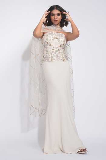 Shop_Shruti S_Off White Georgette, Silk, Net Sequins, Pearls Hand Embroidered Corset Skirt Set _Online_at_Aza_Fashions
