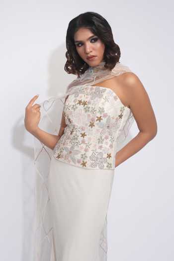 Shruti S_Off White Georgette, Silk, Net Sequins, Pearls Hand Embroidered Corset Skirt Set _at_Aza_Fashions