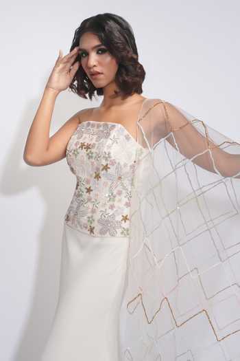 Buy_Shruti S_Off White Georgette, Silk, Net Sequins, Pearls Hand Embroidered Corset Skirt Set 