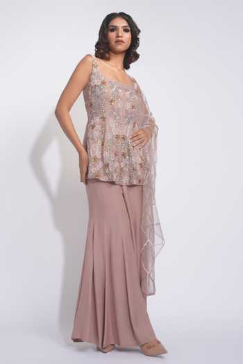 Shruti S_Rose Gold Silk, Georgette, Net Square Hand Embroidered Peplum Kurta Sharara Set _Online_at_Aza_Fashions
