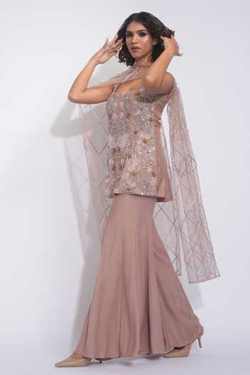 Shop_Shruti S_Rose Gold Silk, Georgette, Net Square Hand Embroidered Peplum Kurta Sharara Set _Online_at_Aza_Fashions