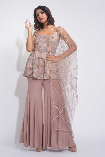 Shruti S_Rose Gold Silk, Georgette, Net Square Hand Embroidered Peplum Kurta Sharara Set _at_Aza_Fashions