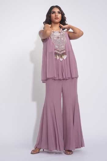 Shruti S_Purple Georgette Round Neck Embroidered Kurta And Sharara Set _Online_at_Aza_Fashions