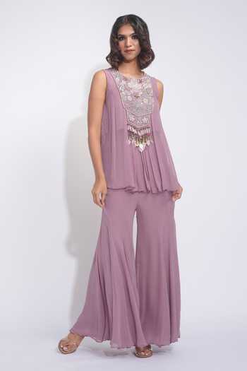 Buy_Shruti S_Purple Georgette Round Neck Embroidered Kurta And Sharara Set _Online_at_Aza_Fashions