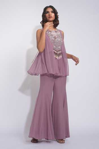 Shop_Shruti S_Purple Georgette Round Neck Embroidered Kurta And Sharara Set _Online_at_Aza_Fashions