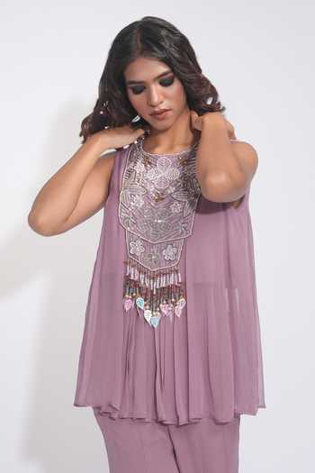 Shruti S_Purple Georgette Round Neck Embroidered Kurta And Sharara Set _at_Aza_Fashions
