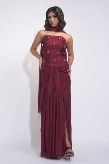 Shruti S_Maroon Silk, Georgette Crystals Embellished Corset Dhoti Skirt Set _Online_at_Aza_Fashions