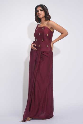 Shop_Shruti S_Maroon Silk, Georgette Crystals Embellished Corset Dhoti Skirt Set _Online_at_Aza_Fashions