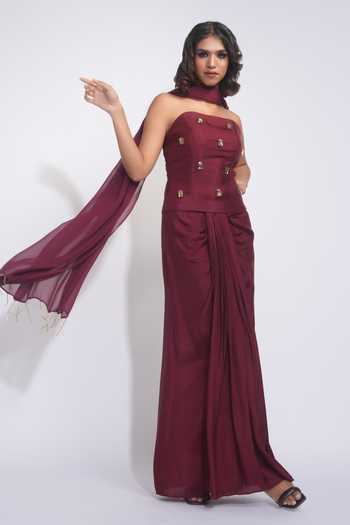 Shruti S_Maroon Silk, Georgette Crystals Embellished Corset Dhoti Skirt Set _at_Aza_Fashions