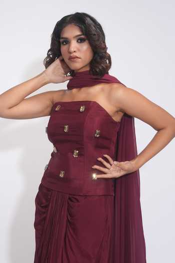 Buy_Shruti S_Maroon Silk, Georgette Crystals Embellished Corset Dhoti Skirt Set 