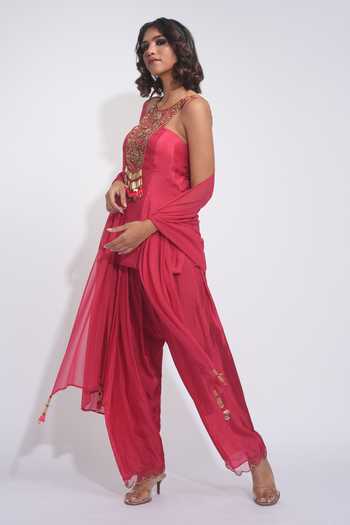 Buy_Shruti S_Coral Silk, Georgette Round Neck Embroidered Kurta Salwar Set _Online_at_Aza_Fashions