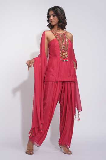 Shop_Shruti S_Coral Silk, Georgette Round Neck Embroidered Kurta Salwar Set _Online_at_Aza_Fashions
