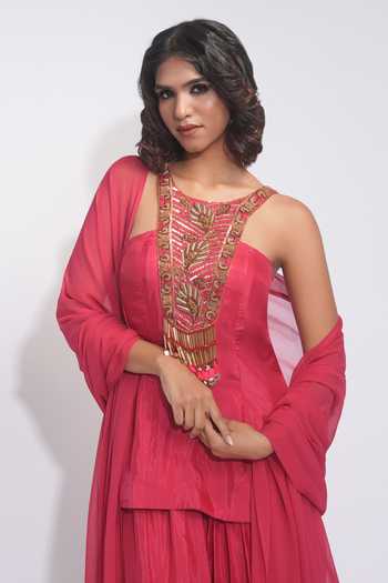 Buy_Shruti S_Coral Silk, Georgette Round Neck Embroidered Kurta Salwar Set 