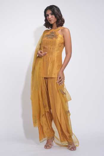 Buy_Shruti S_Yellow Silk, Organza Halter Neck, Yes Embroidered Kurta Set _Online_at_Aza_Fashions