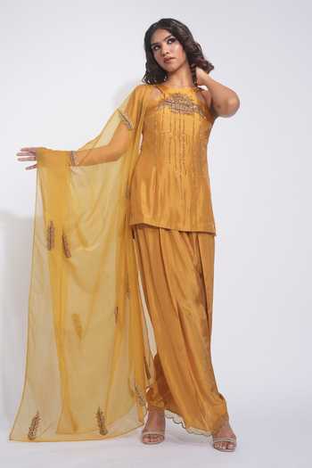 Shop_Shruti S_Yellow Silk, Organza Halter Neck, Yes Embroidered Kurta Set _Online_at_Aza_Fashions