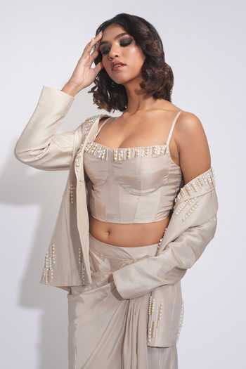 Shruti S_Beige Silk, Crepe Embroidery, Pearls Square Neck Jacket Set _Online_at_Aza_Fashions