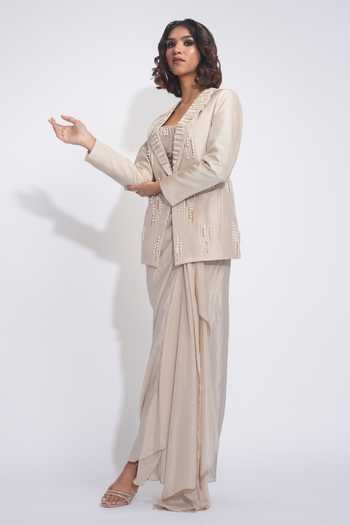 Buy_Shruti S_Beige Silk, Crepe Embroidery, Pearls Square Neck Jacket Set _Online_at_Aza_Fashions