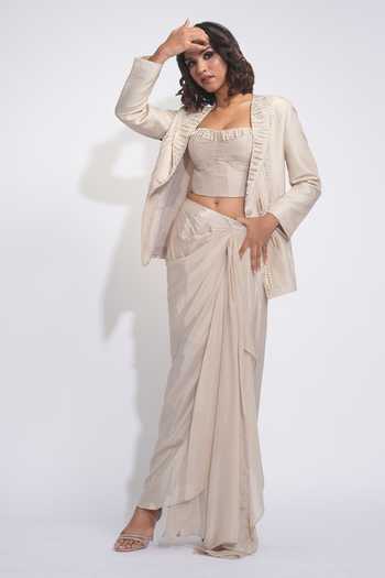 Shop_Shruti S_Beige Silk, Crepe Embroidery, Pearls Square Neck Jacket Set _Online_at_Aza_Fashions