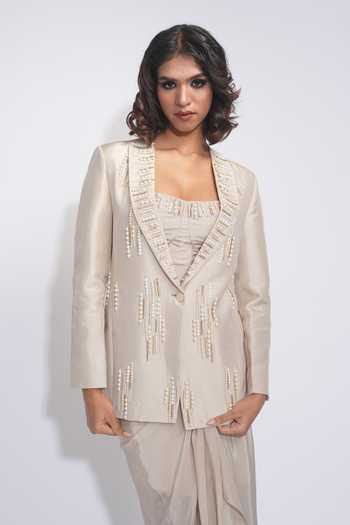 Shruti S_Beige Silk, Crepe Embroidery, Pearls Square Neck Jacket Set _at_Aza_Fashions