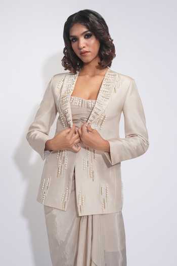 Buy_Shruti S_Beige Silk, Crepe Embroidery, Pearls Square Neck Jacket Set 