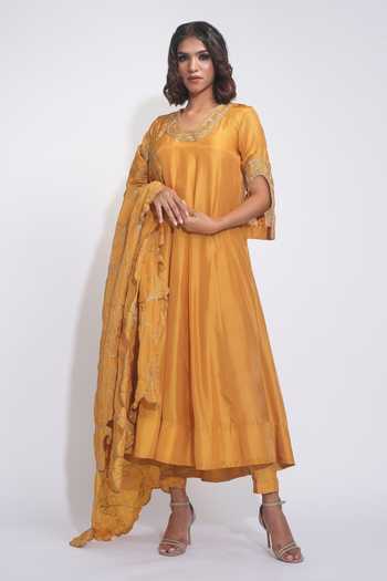 Shop_Shruti S_Orange Silk, Organza V-neck Placement Embroidered Anarkali Set _Online_at_Aza_Fashions