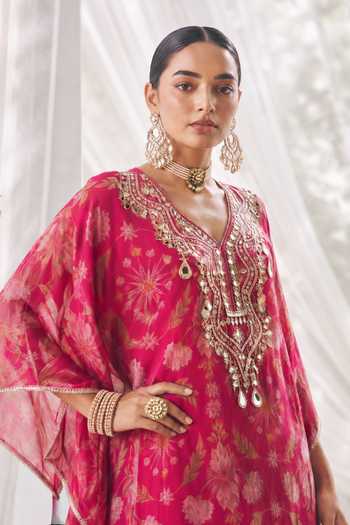 Seams Pret And Couture Pink Georgette, Shantoon V-neck Floral Print Kaftan And Pant Set Online at Aza Fashions Seams Pret And Couture_Pink Georgette, Shantoon V-neck Floral Print Kaftan And Pant Set _Online_at_Aza_Fashions