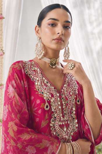 Buy Seams Pret And Couture Pink Georgette, Shantoon V-neck Floral Print Kaftan And Pant Set Online at Aza Fashions Buy_Seams Pret And Couture_Pink Georgette, Shantoon V-neck Floral Print Kaftan And Pant Set _Online_at_Aza_Fashions