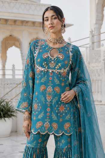 Seams Pret And Couture Blue Georgette, Shantoon Keyhole Neck, Yes Gulnar Printed Kurta Sharara Set Online at Aza Fashions Seams Pret And Couture_Blue Georgette, Shantoon Keyhole Neck, Yes Gulnar Printed Kurta Sharara Set _Online_at_Aza_Fashions