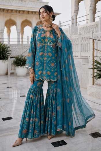 Buy Seams Pret And Couture Blue Georgette, Shantoon Keyhole Neck, Yes Gulnar Printed Kurta Sharara Set Online at Aza Fashions Buy_Seams Pret And Couture_Blue Georgette, Shantoon Keyhole Neck, Yes Gulnar Printed Kurta Sharara Set _Online_at_Aza_Fashions