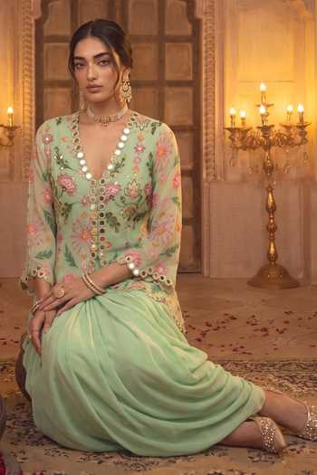Seams Pret And Couture Green Georgette, Shantoon V-neck Lavanya Printed Jacket And Skirt Set Online at Aza Fashions Seams Pret And Couture_Green Georgette, Shantoon V-neck Lavanya Printed Jacket And Skirt Set _Online_at_Aza_Fashions