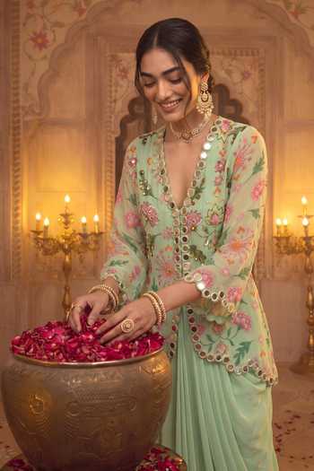 Buy Seams Pret And Couture Green Georgette, Shantoon V-neck Lavanya Printed Jacket And Skirt Set Online at Aza Fashions Buy_Seams Pret And Couture_Green Georgette, Shantoon V-neck Lavanya Printed Jacket And Skirt Set _Online_at_Aza_Fashions
