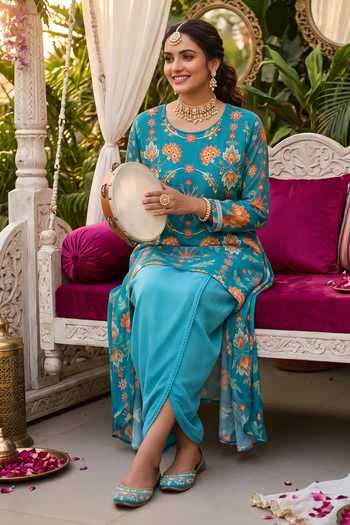 Buy Seams Pret And Couture Blue Georgette Round Neck, Yes Nargis Printed Kurta And Dhoti Pant Set Online at Aza Fashions Buy_Seams Pret And Couture_Blue Georgette Round Neck, Yes Nargis Printed Kurta And Dhoti Pant Set _Online_at_Aza_Fashions