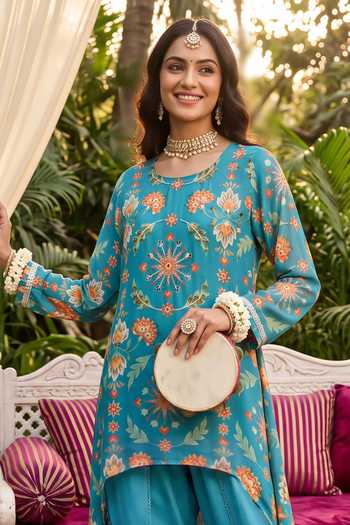 Shop Seams Pret And Couture Blue Georgette Round Neck, Yes Nargis Printed Kurta And Dhoti Pant Set Online at Aza Fashions Shop_Seams Pret And Couture_Blue Georgette Round Neck, Yes Nargis Printed Kurta And Dhoti Pant Set _Online_at_Aza_Fashions