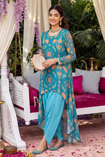 Buy Seams Pret And Couture Blue Georgette Round Neck, Yes Nargis Printed Kurta And Dhoti Pant Set Buy_Seams Pret And Couture_Blue Georgette Round Neck, Yes Nargis Printed Kurta And Dhoti Pant Set