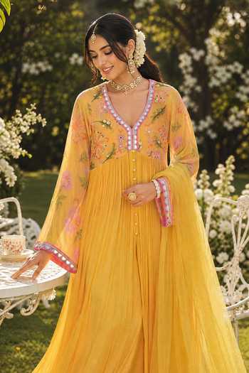 Seams Pret And Couture Yellow Georgette, Net, Shantoon V-neck Rahila Printed Anarkali Set Online at Aza Fashions Seams Pret And Couture_Yellow Georgette, Net, Shantoon V-neck Rahila Printed Anarkali Set _Online_at_Aza_Fashions