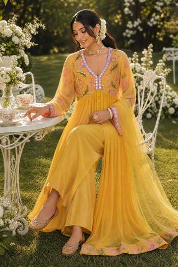Buy Seams Pret And Couture Yellow Georgette, Net, Shantoon V-neck Rahila Printed Anarkali Set Online at Aza Fashions Buy_Seams Pret And Couture_Yellow Georgette, Net, Shantoon V-neck Rahila Printed Anarkali Set _Online_at_Aza_Fashions