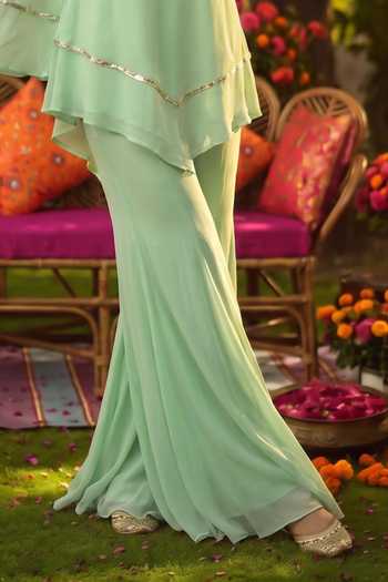 Seams Pret And Couture Green Georgette V-neck Safa Embroidered Kurta And Flared Pant Set Online at Aza Fashions Seams Pret And Couture_Green Georgette V-neck Safa Embroidered Kurta And Flared Pant Set _Online_at_Aza_Fashions