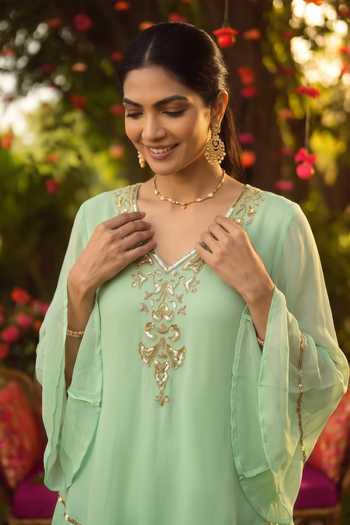 Buy Seams Pret And Couture Green Georgette V-neck Safa Embroidered Kurta And Flared Pant Set Online at Aza Fashions Buy_Seams Pret And Couture_Green Georgette V-neck Safa Embroidered Kurta And Flared Pant Set _Online_at_Aza_Fashions