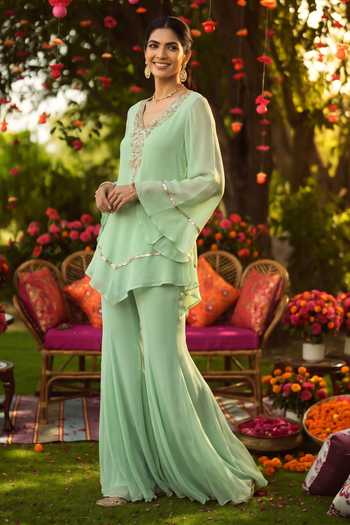 Shop Seams Pret And Couture Green Georgette V-neck Safa Embroidered Kurta And Flared Pant Set Online at Aza Fashions Shop_Seams Pret And Couture_Green Georgette V-neck Safa Embroidered Kurta And Flared Pant Set _Online_at_Aza_Fashions