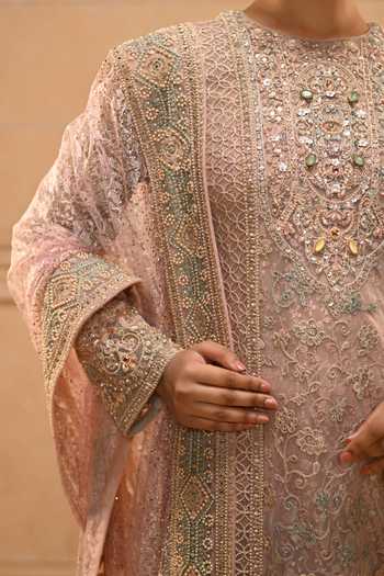 Tarun Tahiliani_Multi Color Net, Lace, Tulle Round Neck Baroque Shahi Zardozi Kurta Set _Online_at_Aza_Fashions