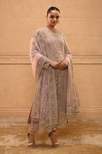 Buy_Tarun Tahiliani_Multi Color Net, Lace, Tulle Round Neck Baroque Shahi Zardozi Kurta Set _Online_at_Aza_Fashions