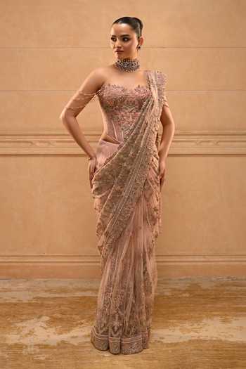 Tarun Tahiliani Gilded Trellis Embroidered Saree With Corset