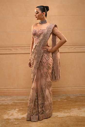 Tarun Tahiliani_Multi Color Tulle Embroidery, Sequins, Beads, Gilded Trellis Saree With Corset _Online_at_Aza_Fashions
