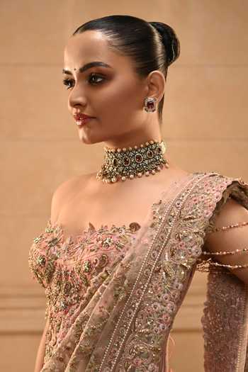 Buy_Tarun Tahiliani_Multi Color Tulle Embroidery, Sequins, Beads, Gilded Trellis Saree With Corset _Online_at_Aza_Fashions