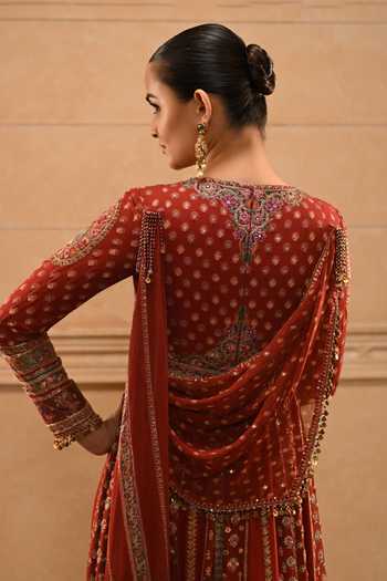 Buy Tarun Tahiliani Red Georgette Round Neck Kashida Flared Anarkali Set Online at Aza Fashions Buy_Tarun Tahiliani_Red Georgette Round Neck Kashida Flared Anarkali Set _Online_at_Aza_Fashions
