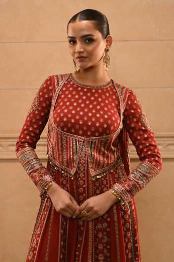 Shop Tarun Tahiliani Red Georgette Round Neck Kashida Flared Anarkali Set Online at Aza Fashions Shop_Tarun Tahiliani_Red Georgette Round Neck Kashida Flared Anarkali Set _Online_at_Aza_Fashions