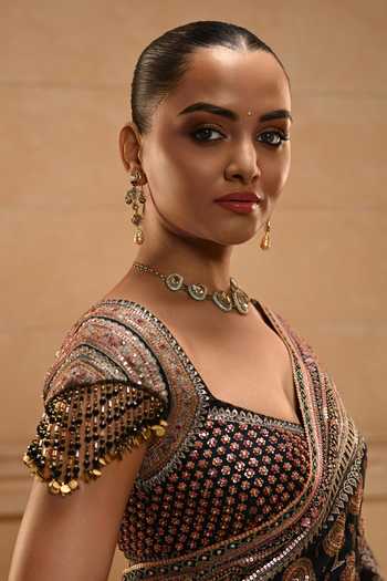 Buy_Tarun Tahiliani_Black Silk, Dupion, Georgette Sweetheart Kashida Embroidered Saree With Blouse _Online_at_Aza_Fashions